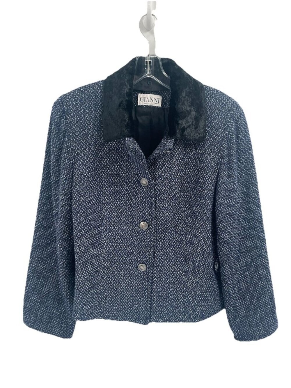 Vtg Gianni Boucle Tweed Jacket Fuax Fur Collar Black Blue Button Blazer 10 USA